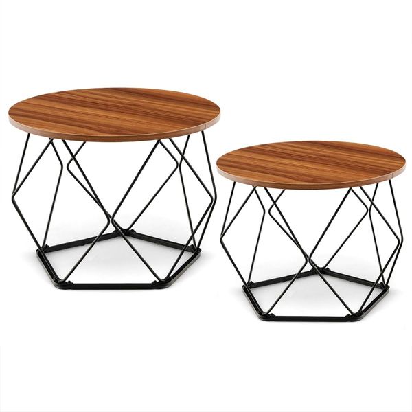 Circle Coffee Table with Pentagonal Steel Base for Living Room