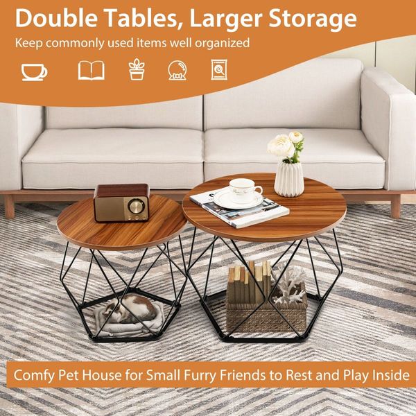 Circle Coffee Table with Pentagonal Steel Base for Living Room