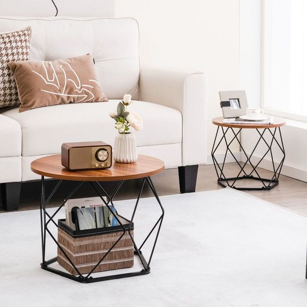 Circle Coffee Table with Pentagonal Steel Base for Living Room