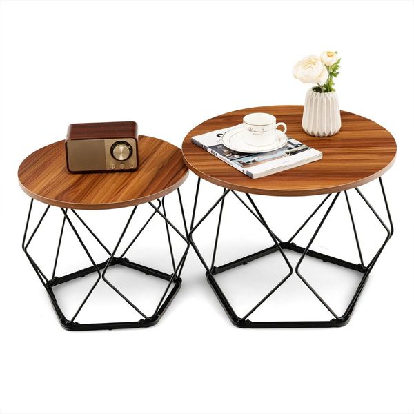 Circle Coffee Table with Pentagonal Steel Base for Living Room