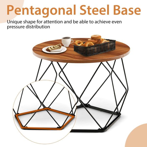 Circle Coffee Table with Pentagonal Steel Base for Living Room