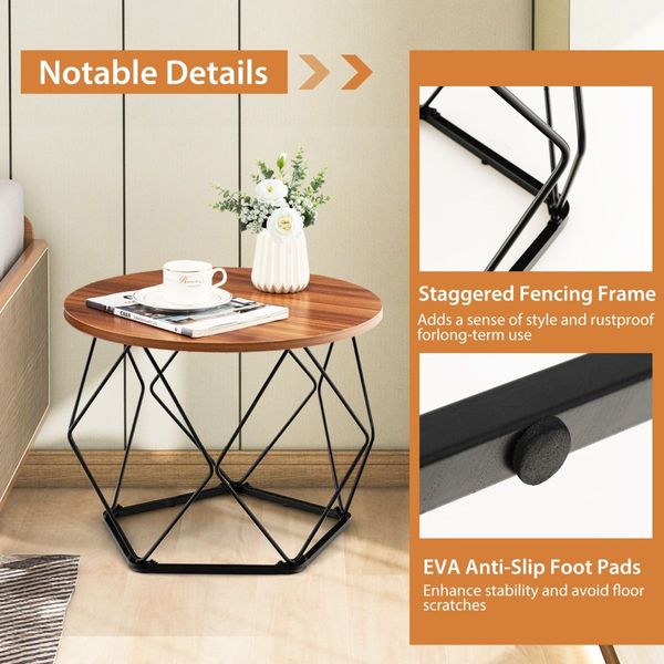 Circle Coffee Table with Pentagonal Steel Base for Living Room