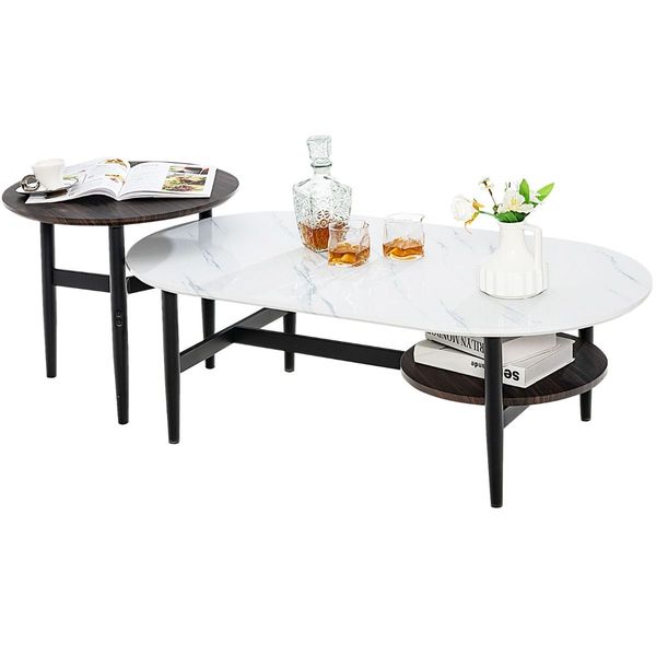 2 PCS Modern Table Set with Extra Storage Shelf for Living Room