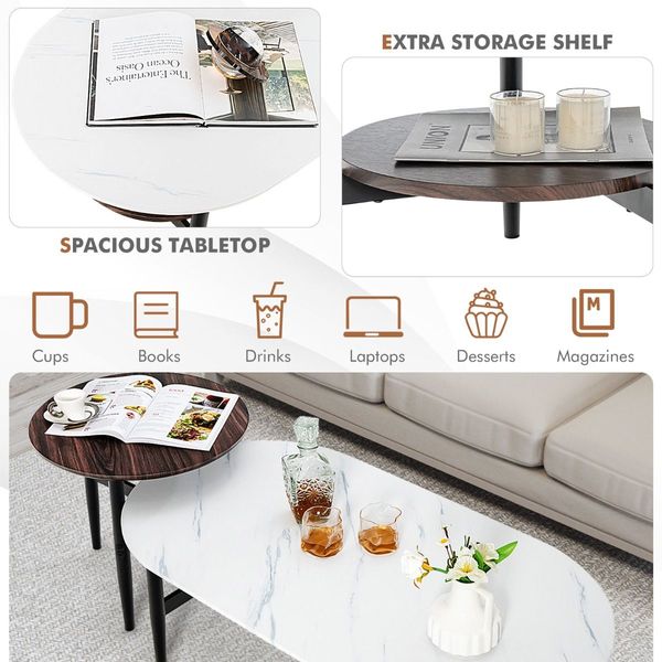 2 PCS Modern Table Set with Extra Storage Shelf for Living Room