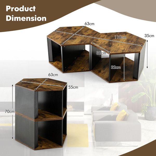 Set of 2 Hexagonal Coffee Table with Open Storage Space for Living Room