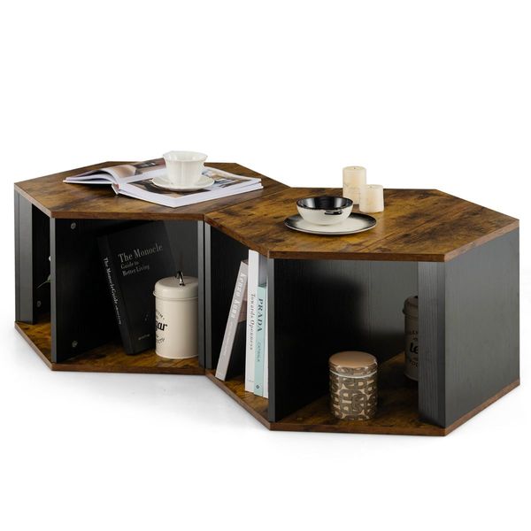 Set of 2 Hexagonal Coffee Table with Open Storage Space for Living Room