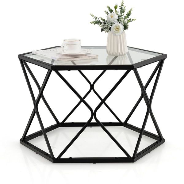 Geometric Coffee Table with Tempered Glass Top & Metal Legs