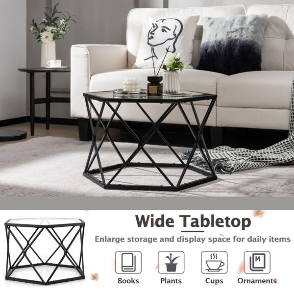 Geometric Coffee Table with Tempered Glass Top & Metal Legs