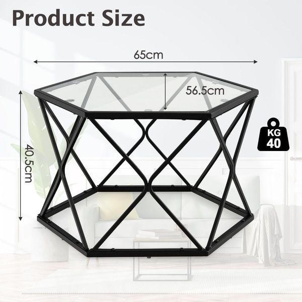 Geometric Coffee Table with Tempered Glass Top & Metal Legs