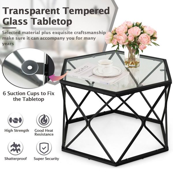 Geometric Coffee Table with Tempered Glass Top & Metal Legs