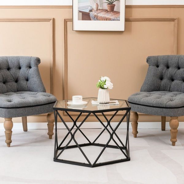 Geometric Coffee Table with Tempered Glass Top & Metal Legs