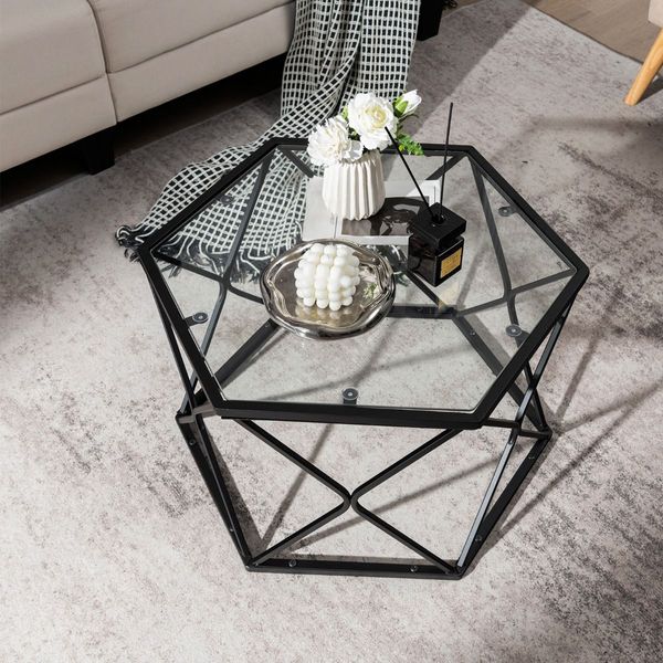 Geometric Coffee Table with Tempered Glass Top & Metal Legs