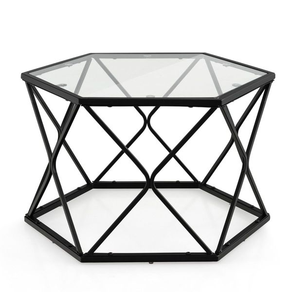 Geometric Coffee Table with Tempered Glass Top & Metal Legs