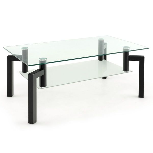 2-Tier Rectangular Glass Coffee Table with Tempered Glass Tabletop