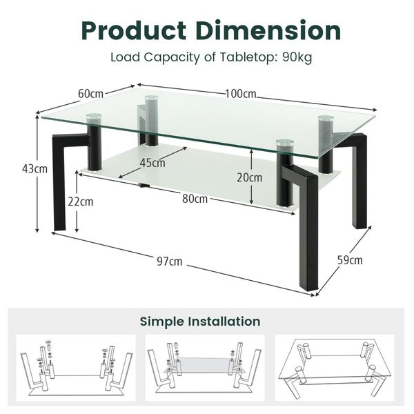 2-Tier Rectangular Glass Coffee Table with Tempered Glass Tabletop