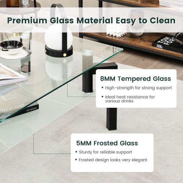 2-Tier Rectangular Glass Coffee Table with Tempered Glass Tabletop