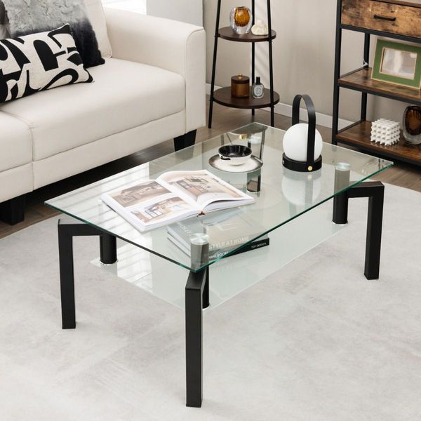 2-Tier Rectangular Glass Coffee Table with Tempered Glass Tabletop