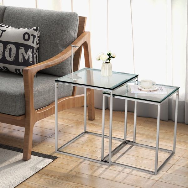 Set of 2 Nesting Glass Coffee Table with Tempered Glass Top for Living Room