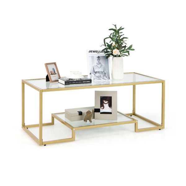 Modern 2-Tier Coffee Table with Golden Metal Frame for Living Room