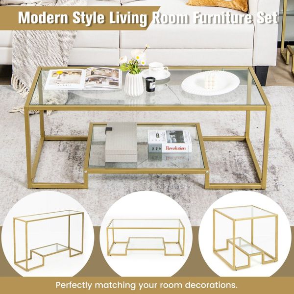 Modern 2-Tier Coffee Table with Golden Metal Frame for Living Room