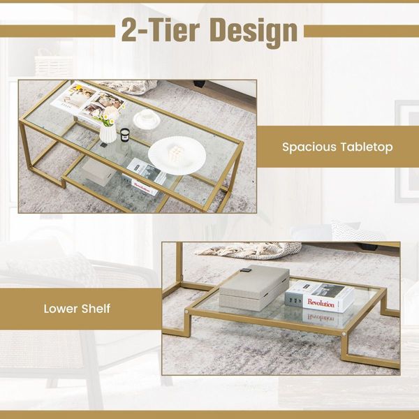 Modern 2-Tier Coffee Table with Golden Metal Frame for Living Room