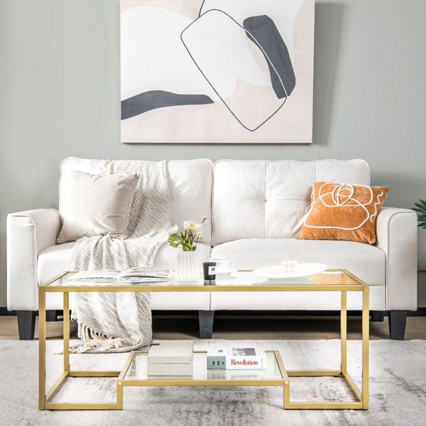 Modern 2-Tier Coffee Table with Golden Metal Frame for Living Room