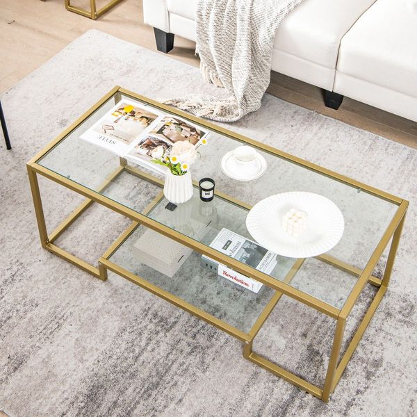 Modern 2-Tier Coffee Table with Golden Metal Frame for Living Room