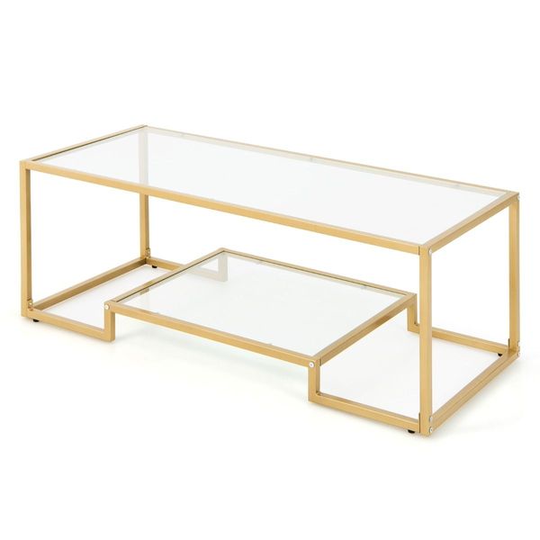 Modern 2-Tier Coffee Table with Golden Metal Frame for Living Room