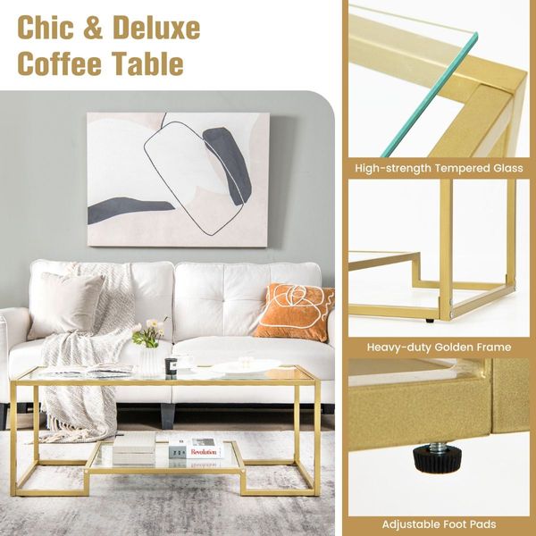 Modern 2-Tier Coffee Table with Golden Metal Frame for Living Room