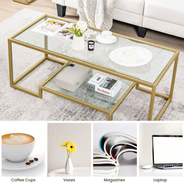 Modern 2-Tier Coffee Table with Golden Metal Frame for Living Room