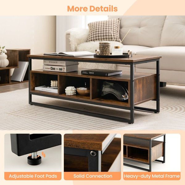 Industrial Coffee Table with 3 Storage Cubes for Living Room