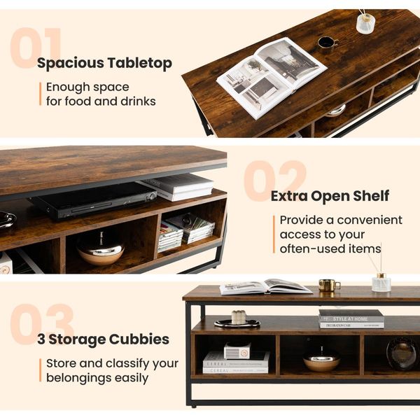 Industrial Coffee Table with 3 Storage Cubes for Living Room