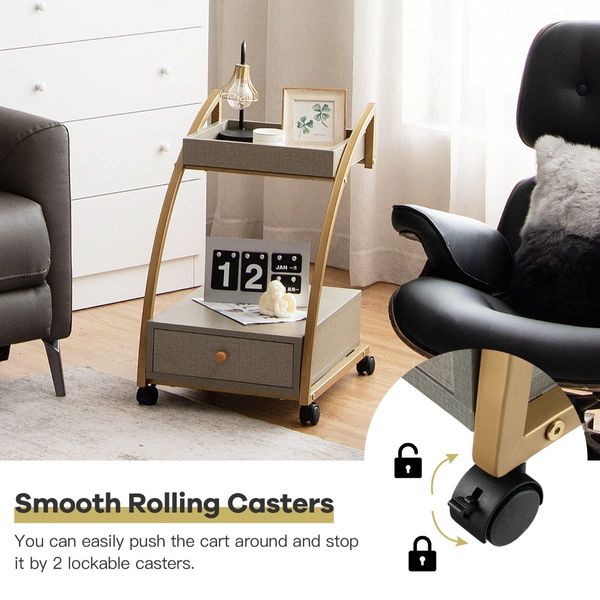 2-Layer C-Shaped Rolling End Table with Drawer