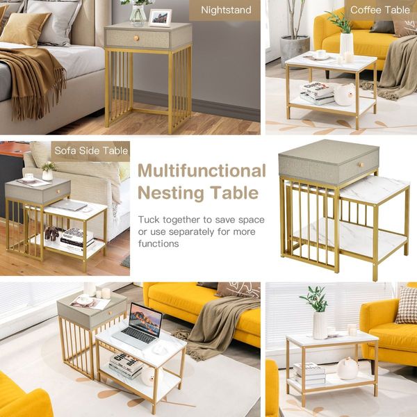 2-Piece Nesting Coffee Table Set with Drawer and Shelf