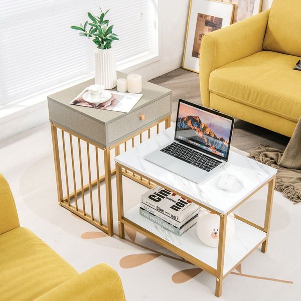 2-Piece Nesting Coffee Table Set with Drawer and Shelf