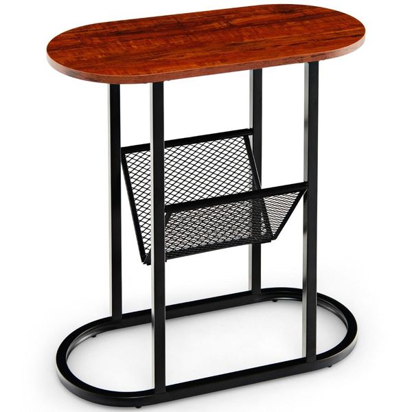 2-Tier Industrial Side Table with Mesh Shelf & Steel Frame