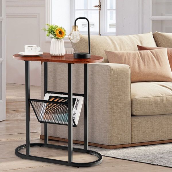 2-Tier Industrial Side Table with Mesh Shelf & Steel Frame