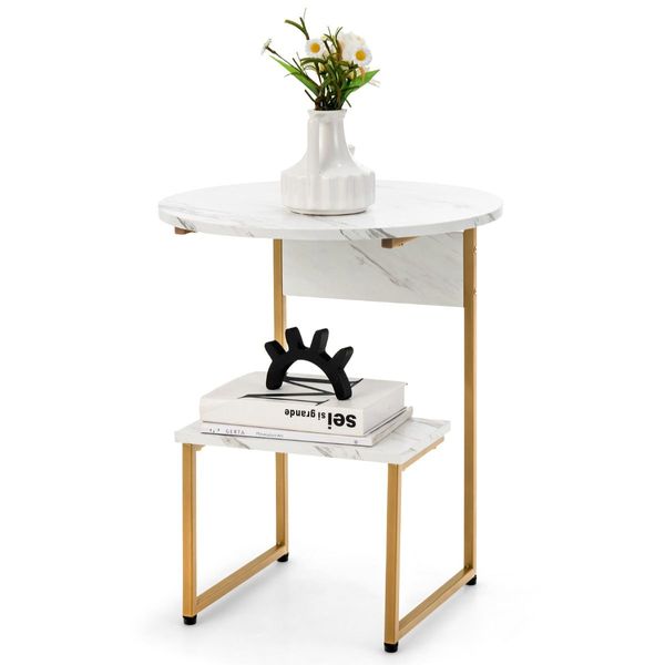 White Faux Marble End Table with Round Tabletop & Square Shelf for Living Room