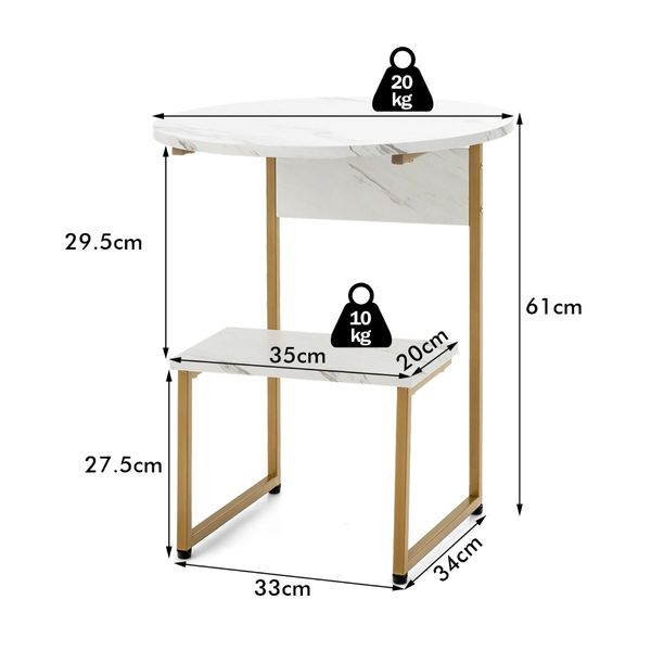 White Faux Marble End Table with Round Tabletop & Square Shelf for Living Room