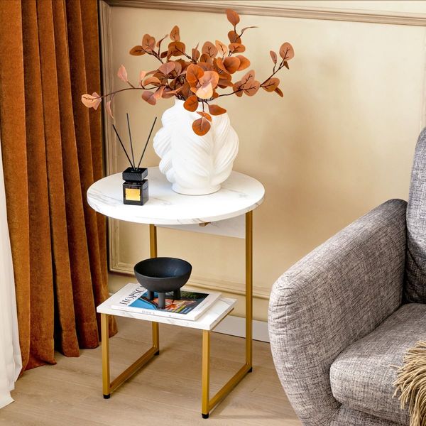 White Faux Marble End Table with Round Tabletop & Square Shelf for Living Room