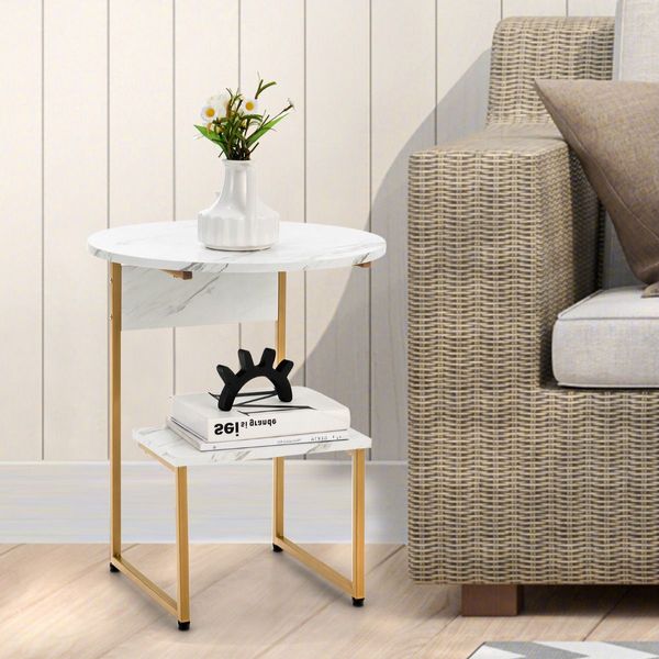 White Faux Marble End Table with Round Tabletop & Square Shelf for Living Room