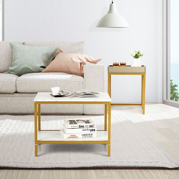 2PCS Space-saving Sofa Side Table Set with Faux Marble & Linen-like Top for Living Room