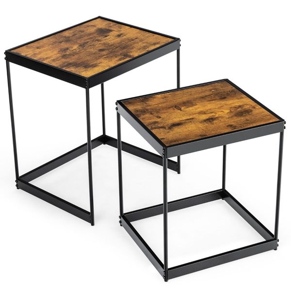 Set of 2 Square Nesting Tables with Sturdy Steel Frame for Living Room