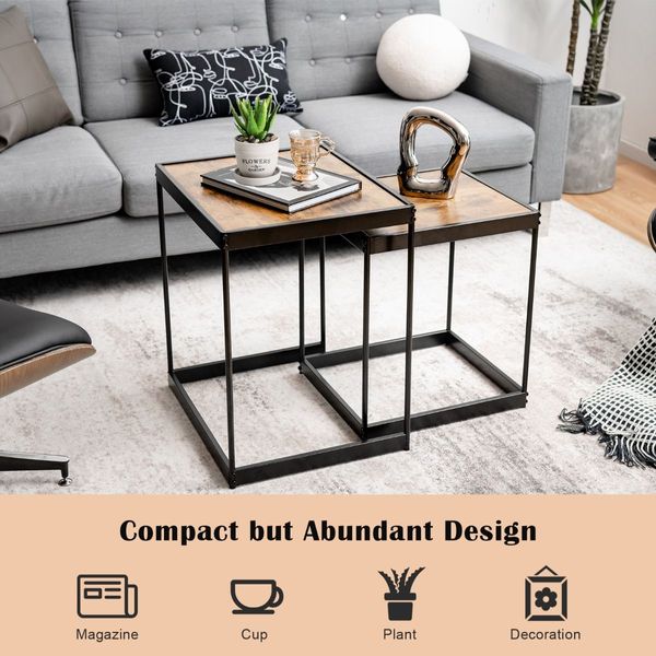 Set of 2 Square Nesting Tables with Sturdy Steel Frame for Living Room