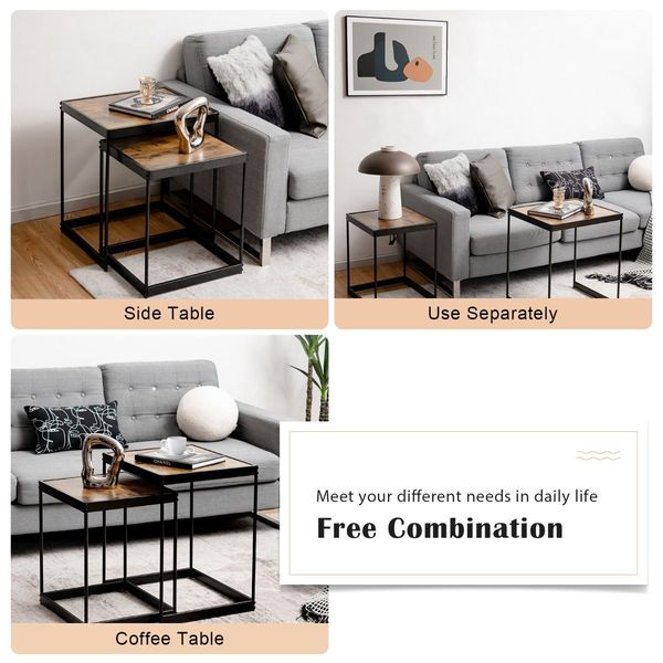 Set of 2 Square Nesting Tables with Sturdy Steel Frame for Living Room