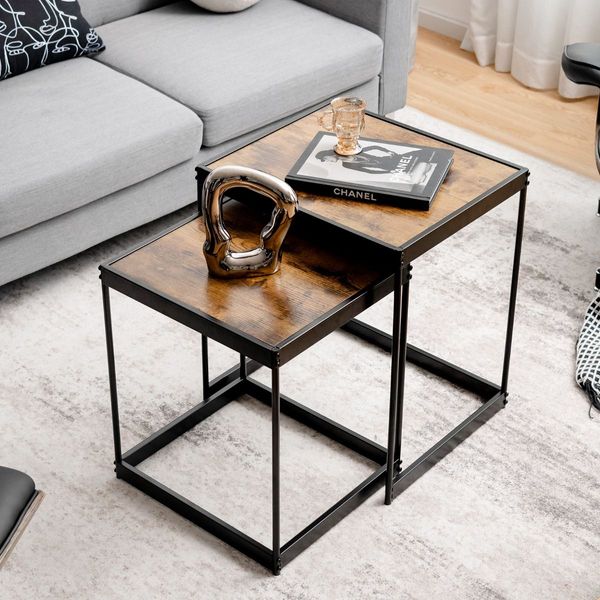 Set of 2 Square Nesting Tables with Sturdy Steel Frame for Living Room