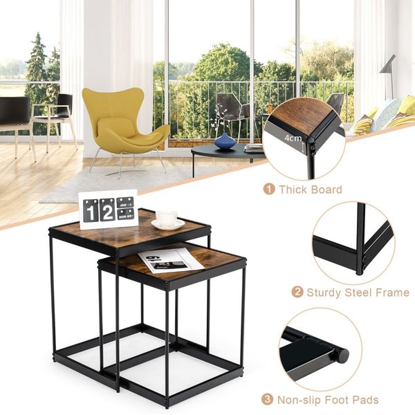 Set of 2 Square Nesting Tables with Sturdy Steel Frame for Living Room