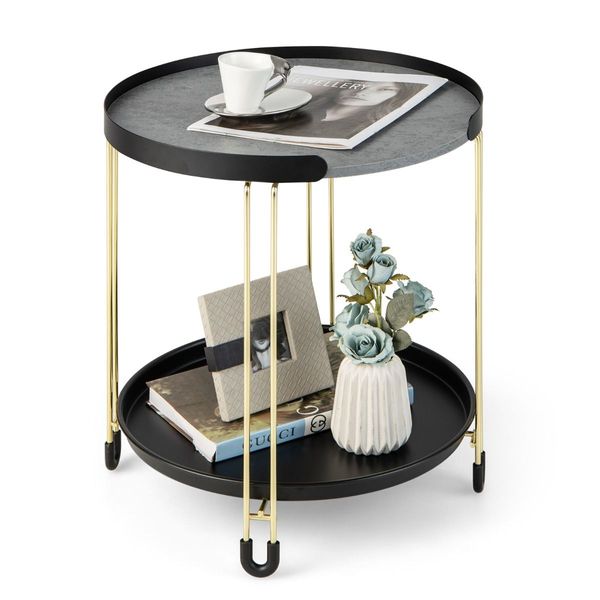 2-Tier Round Side Table with Removable Tray for Living Room, Bedroom