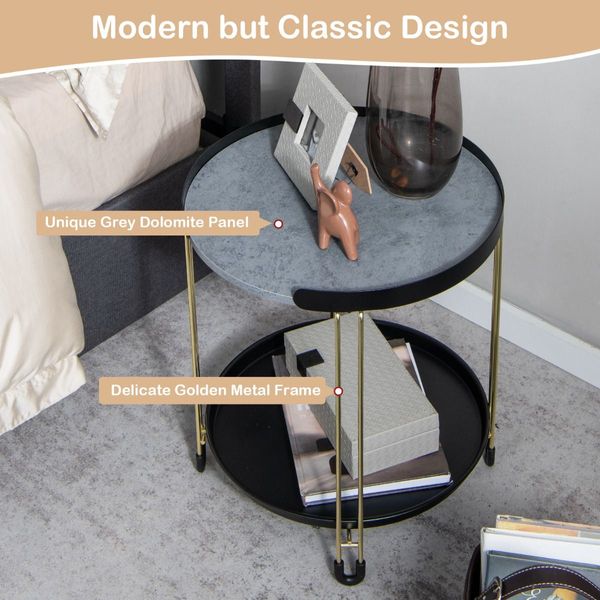 2-Tier Round Side Table with Removable Tray for Living Room, Bedroom