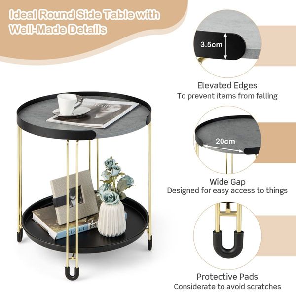 2-Tier Round Side Table with Removable Tray for Living Room, Bedroom